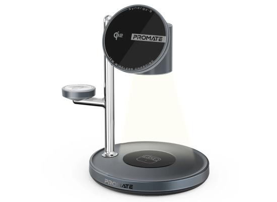 Promate Synergy 4-in-1 Qi2 Certified MagSafe Compatible Wireless Charging Station w/ Soft-Glow Night Lamp - Black